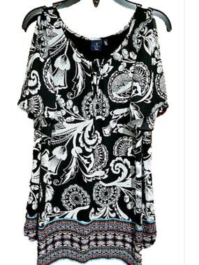 Kaari Blue~ Black White Border Print Tunic Top Knit Back Open Short Sleeve, OX